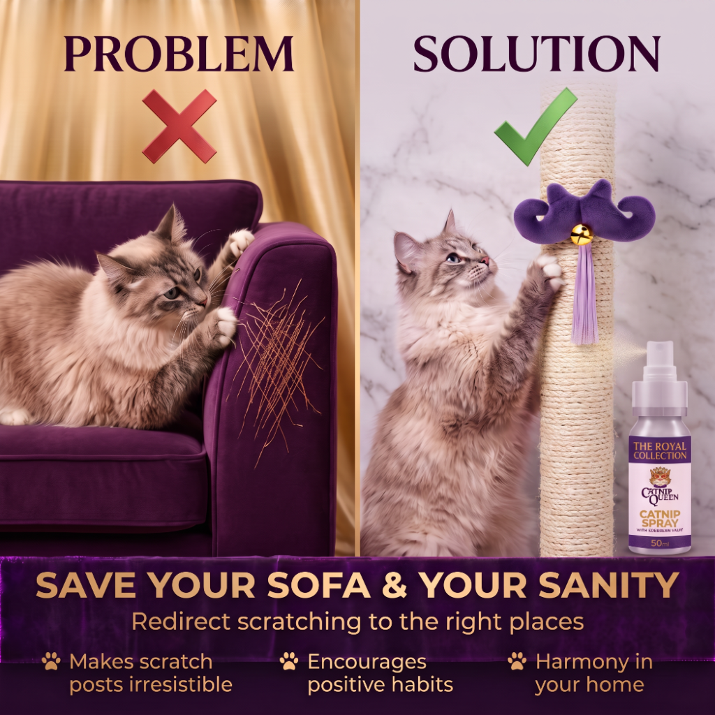 Royal Elixir Catnip Spray used on a scratching post to redirect scratching