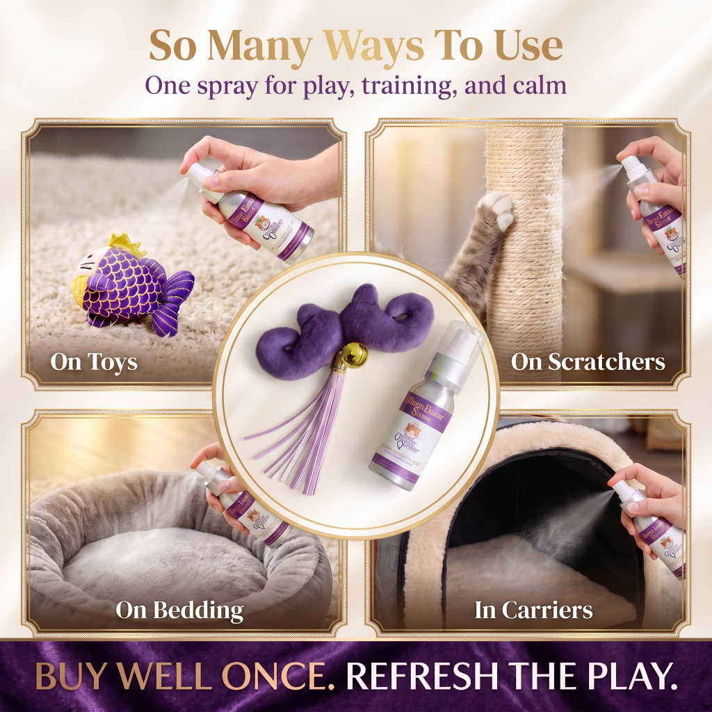 Four ways to use Royal Elixir spray: on toys, scratchers, bedding and carriers