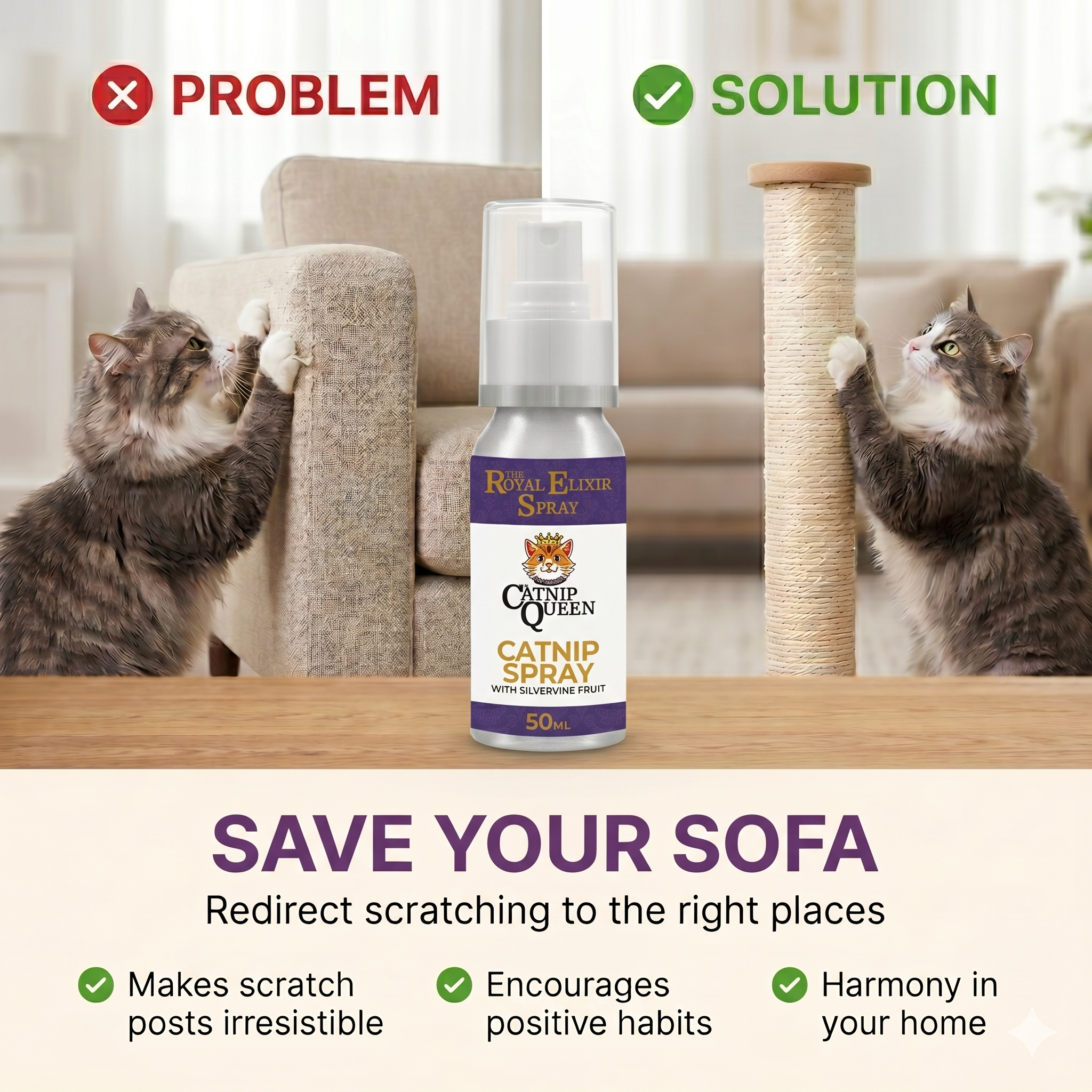 The Catnip Queen's Royal Elixir - Extra Fancy Catnip with Silvervine Spray - Refreshes Toys & Scratching Posts - 50ml