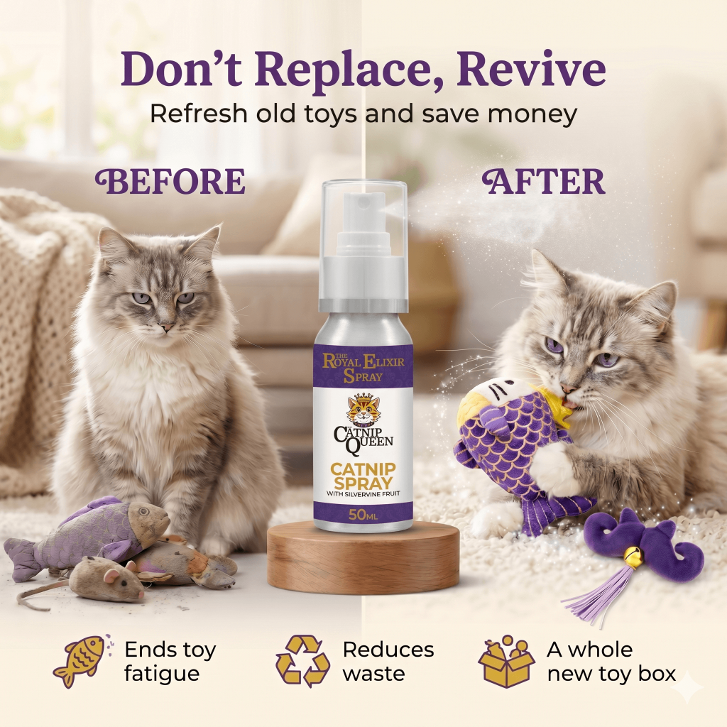 Before and after: bored cat with worn toys next to a spray bottle, then playing eagerly with a catnip and silvervine sprayed toy.